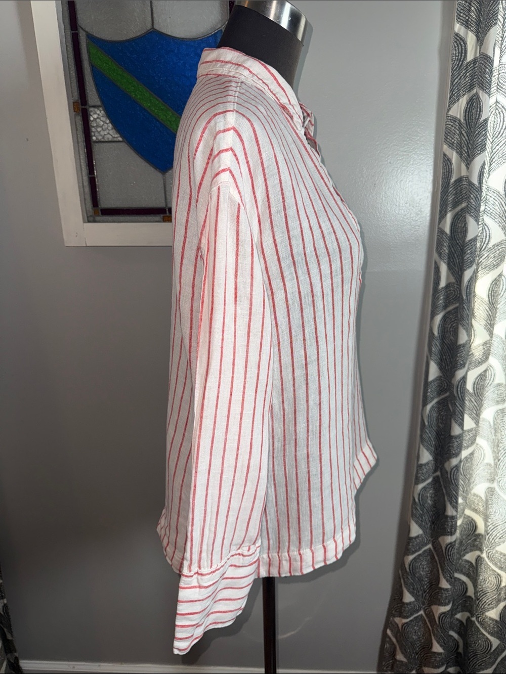 Martha Stewart Collection 100% Linen Red & White Striped V-Neck Shirt - Size M - Picture 7 of 8